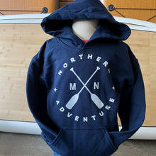 Load image into Gallery viewer, Navy hooded sweatshirt that says Northern Adventure with MN and cross paddles