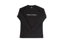 Load image into Gallery viewer, Black paddle shirt that says Paddle North in white letters