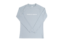 Load image into Gallery viewer, cool grey paddle shirt front that says paddle north in white