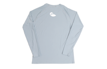Load image into Gallery viewer, back of paddle shirt in cool grey that has a loon in white