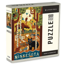 Load image into Gallery viewer, 1,000 piece puzzle with woodland creatures that says minnesota
