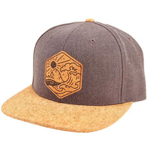 Load image into Gallery viewer, grey hat with cork brim and patch featuring waves and sun
