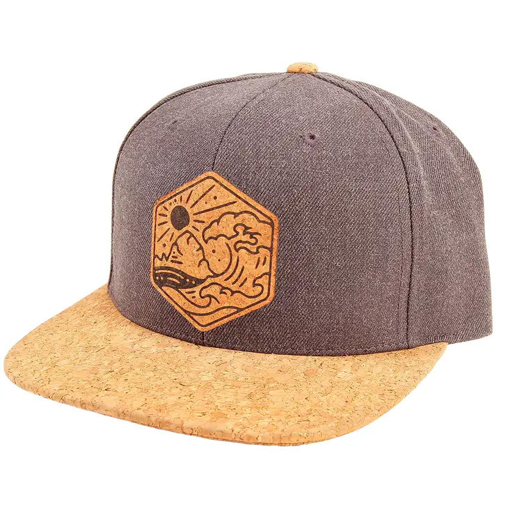 grey hat with cork brim and patch featuring waves and sun