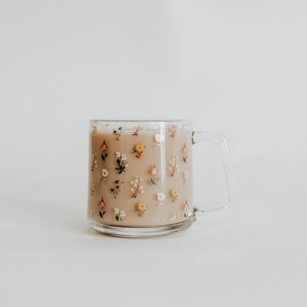 wildflower glass mug with coffee in it