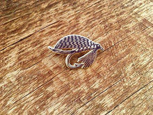 Load image into Gallery viewer, purple and gold fly fishing pin sitting on a table
