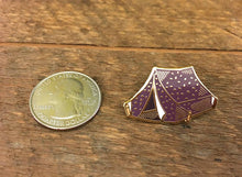 Load image into Gallery viewer, purple and gold tent enamel pin next to a quarter for size reference
