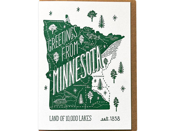 Card that says Greetings from Minnesota with state and icons