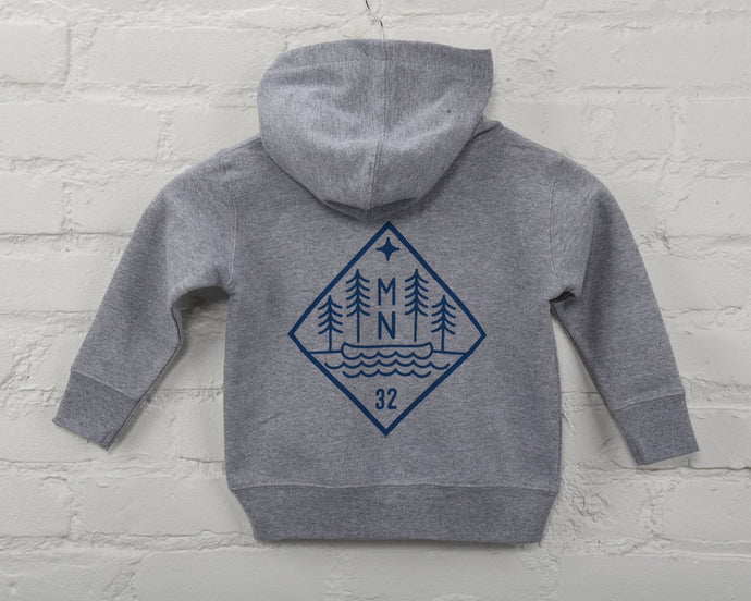 Back of gray zip-up sweatshirt with blue diamond MN canoe logo