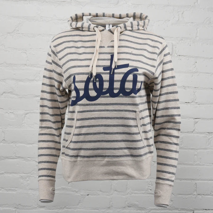 Navy and oatmeal striped hooded sweatshirt that says sota in blue cursive