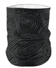 Load image into Gallery viewer, black neck gaiter with topographical lines on it
