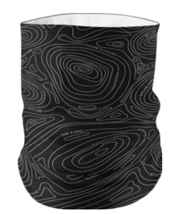 black neck gaiter with topographical lines on it