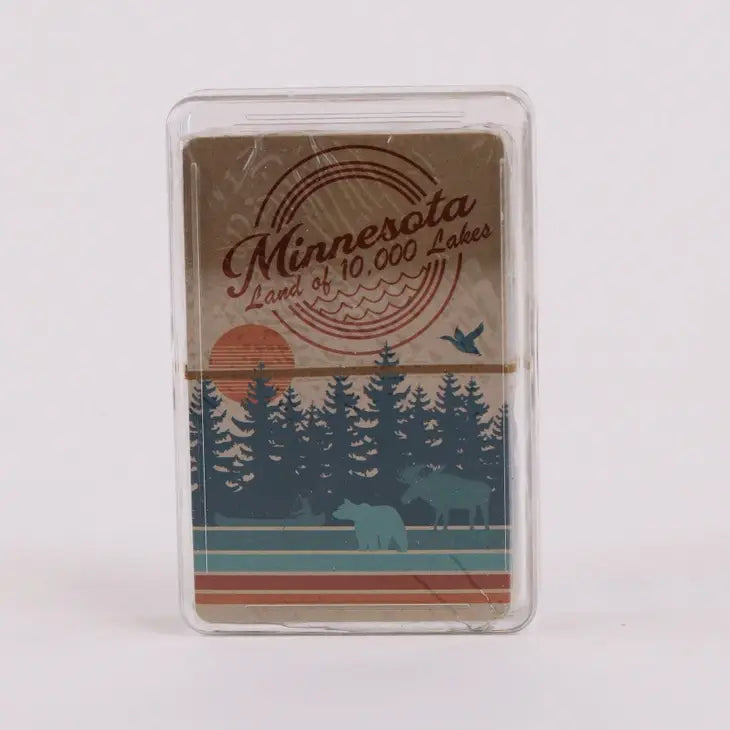 Playing cards that say Minnesota land of 10,000 lakes with woodland animals and trees