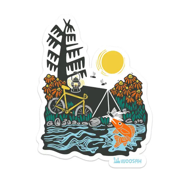 Fishing, biking, camping sticker