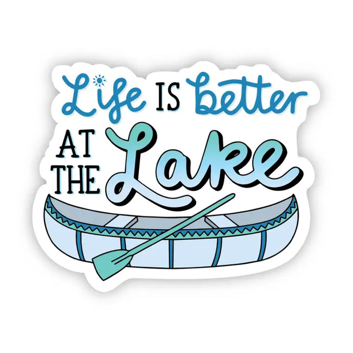 Sticker that says life is better at the lake with a canoe