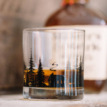 Load image into Gallery viewer, whiskey glass filled with whiskey with cabin and tree etching
