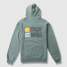 Load image into Gallery viewer, Green hooded sweatshirt with sun and waves says Great Lakes
