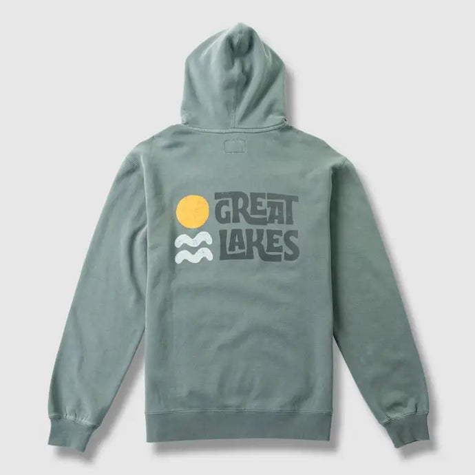 Green hooded sweatshirt with sun and waves says Great Lakes