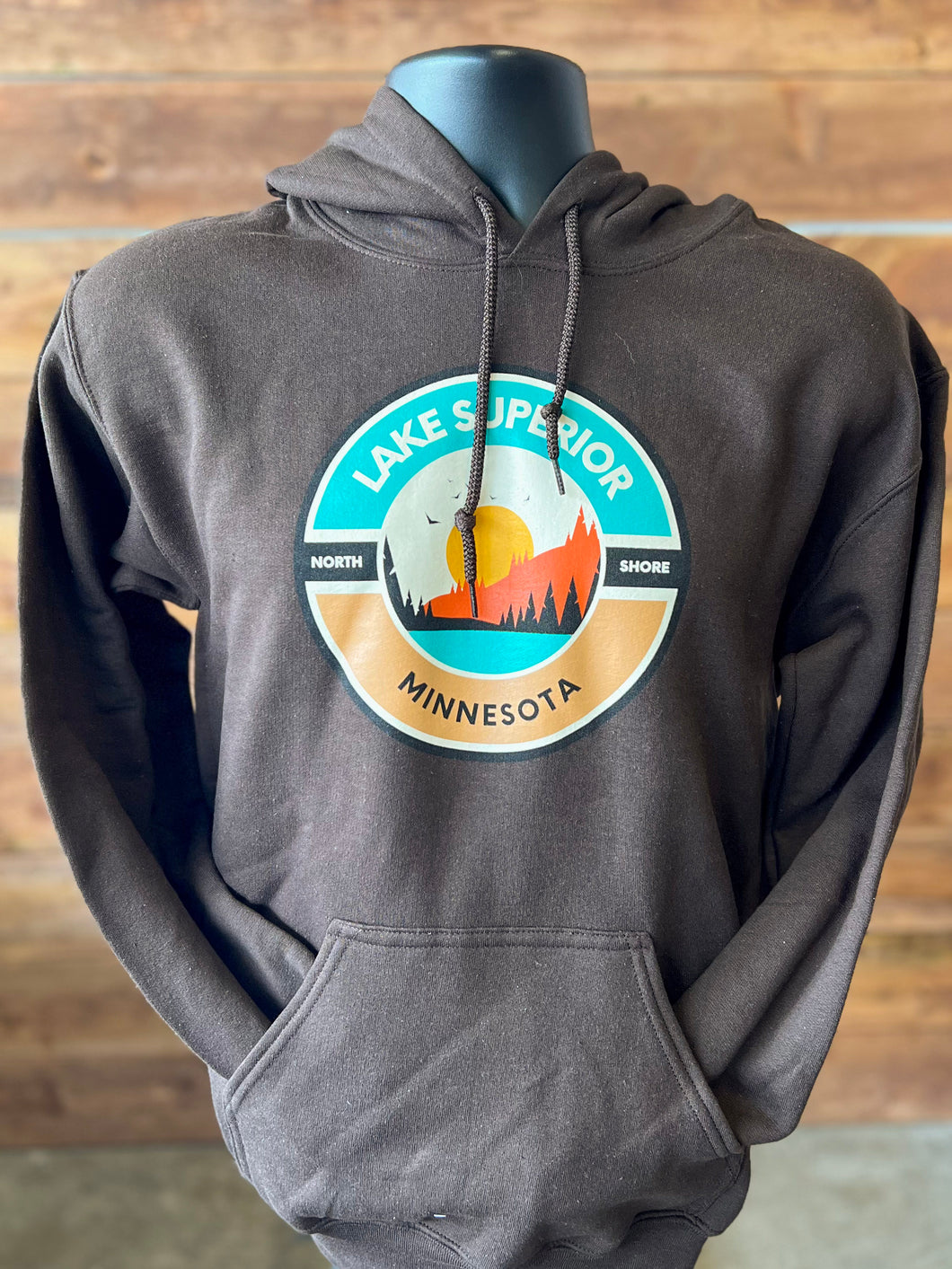 Brown hooded sweatshirt with Lake Superior North Shore sunset design