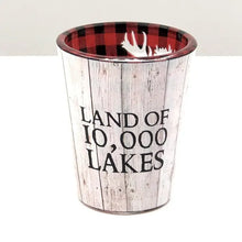 Load image into Gallery viewer, Shot glass that says land of 10,000 lakes
