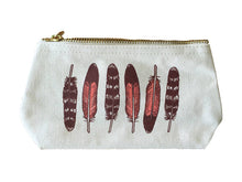 Load image into Gallery viewer, zippered pouch that has 6 maroon and pink feathers on it
