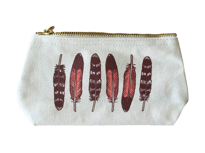 zippered pouch that has 6 maroon and pink feathers on it