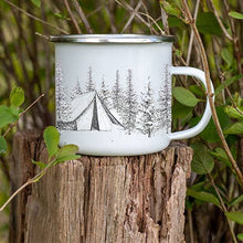 Load image into Gallery viewer, White enamel mug with tent and trees
