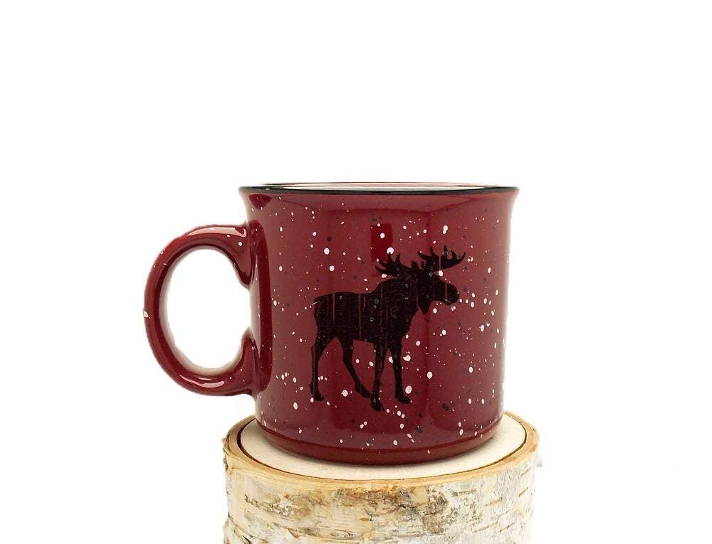 maroon speckled mug with black moose