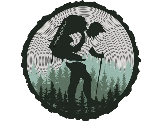 Sticker that has a hiker in front of trees and tree ring design