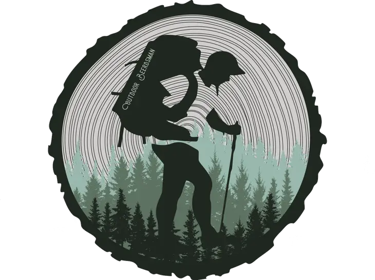 Sticker that has a hiker in front of trees and tree ring design