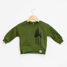 Load image into Gallery viewer, olive toddler crewneck with three trees in black offset to the side
