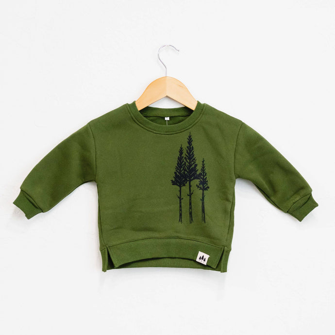 olive toddler crewneck with three trees in black offset to the side