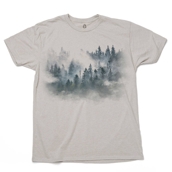 grey t-shirt with blue trees and cloud fading design