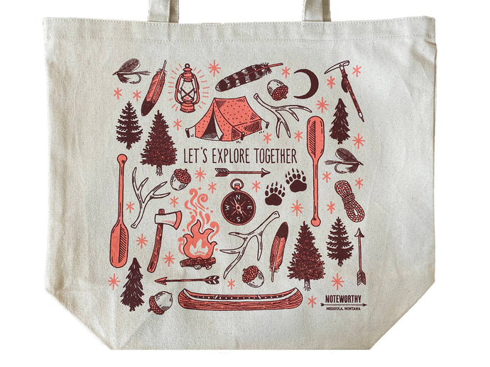 Canvas tote that says Let's explore together with outdoor icons all over front in pink and maroon