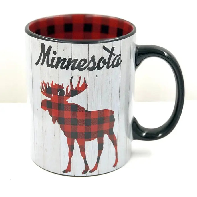 Minnesota mug with buffalo plaid inside and buffalo plaid moose