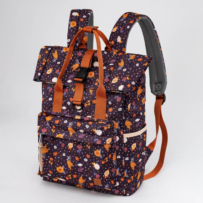 The Montana Scene backpack in plum with orange wildflowers and orange handles