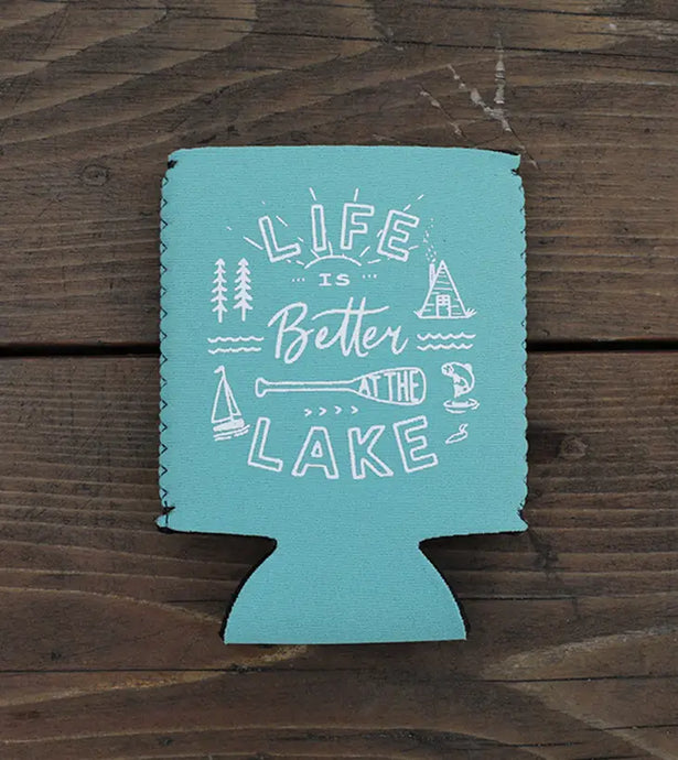 teal can cooler that says life is better at the lake