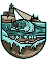 Load image into Gallery viewer, Surf sticker that shows surfer on Lake Superior with lighthouse above and says the endless winter
