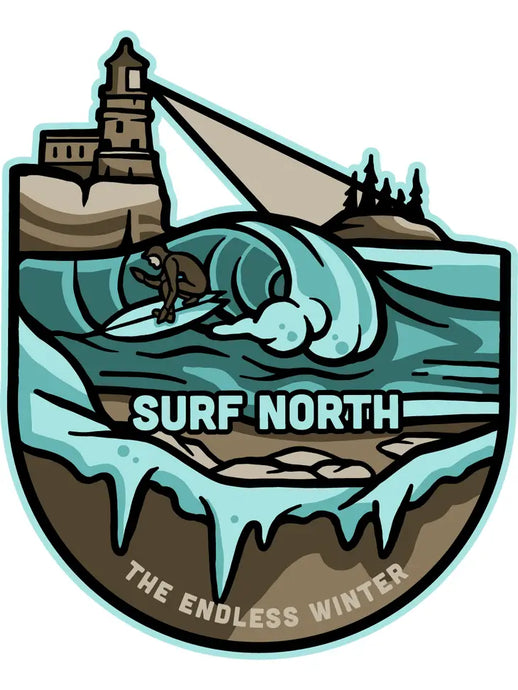 Surf sticker that shows surfer on Lake Superior with lighthouse above and says the endless winter