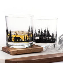Load image into Gallery viewer, two etched glasses with cabin and trees etched
