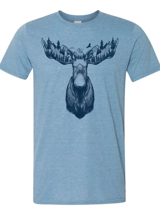 blue t-shirt with moose and outdoor scene coming from antlers
