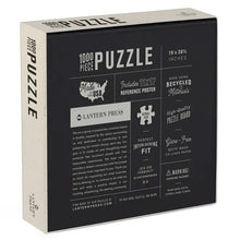 Load image into Gallery viewer, Back of puzzle box that says 1,000 piece puzzle and made in the USA
