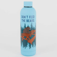 Load image into Gallery viewer, Blue water bottle with a bear sitting at a picnic table that says Don&#39;t feed the bears
