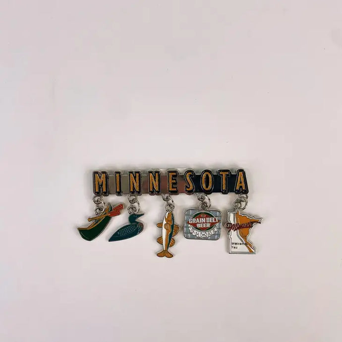 Minnesota magnet with canoe, loon, fish, grain belt logo, and state outline hanging from it