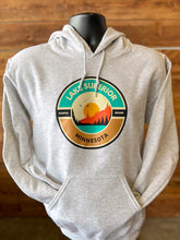 Load image into Gallery viewer, Grey sweatshirt with Lake Superior North Shore Minnesota sunset design
