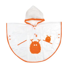 Load image into Gallery viewer, Clear kids poncho with orange monster on front and orange buttons
