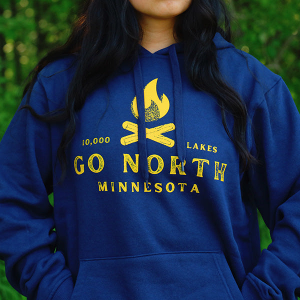 Campfire go north Minnesota blue hooded sweatshirt . 10,000 Lakes