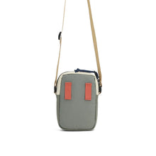 Load image into Gallery viewer, back of mini shoulder bag that is gray, tan, and coral
