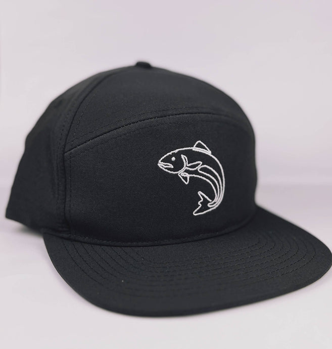 Black hat with embroidered white fish on front