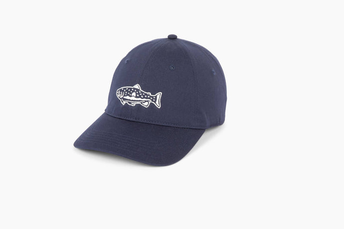 Navy hat with embroidered fish that has mountain scene in it