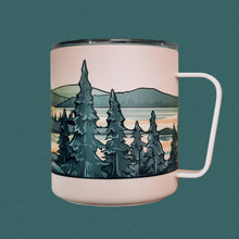 Load image into Gallery viewer, Infinity sticker around mug that has trees, water, and hills featuring the Boundary Waters
